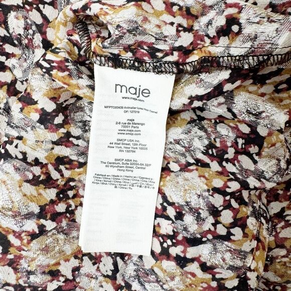 MAJE Cold-Shoulder Printed Metallic Fil Coupé Top Long Sleeve Ruffle Blouse Sz 3 - Picture 9 of 10